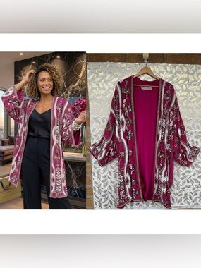 VTG Judith Ann Plus Silk Beaded Kimono Duster Jacket | Pink Maximalist Boho 1X18